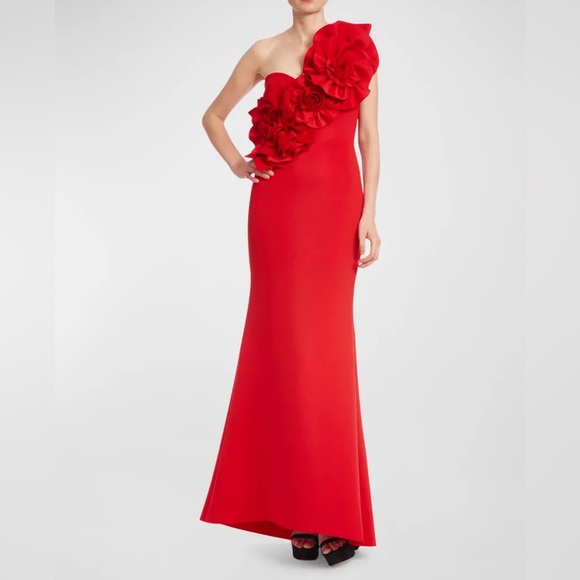Badgley Mischka Collection Red One-Shoulder Rosette Scuba Gown size 0 - Picture 3 of 10